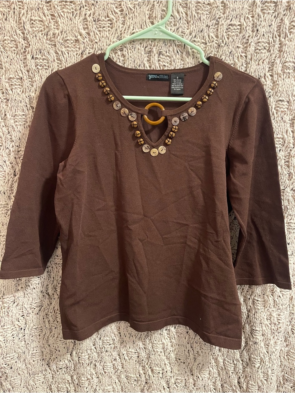 Stitches Brown Long Sleeve Top with Neck Ring and Button Accents